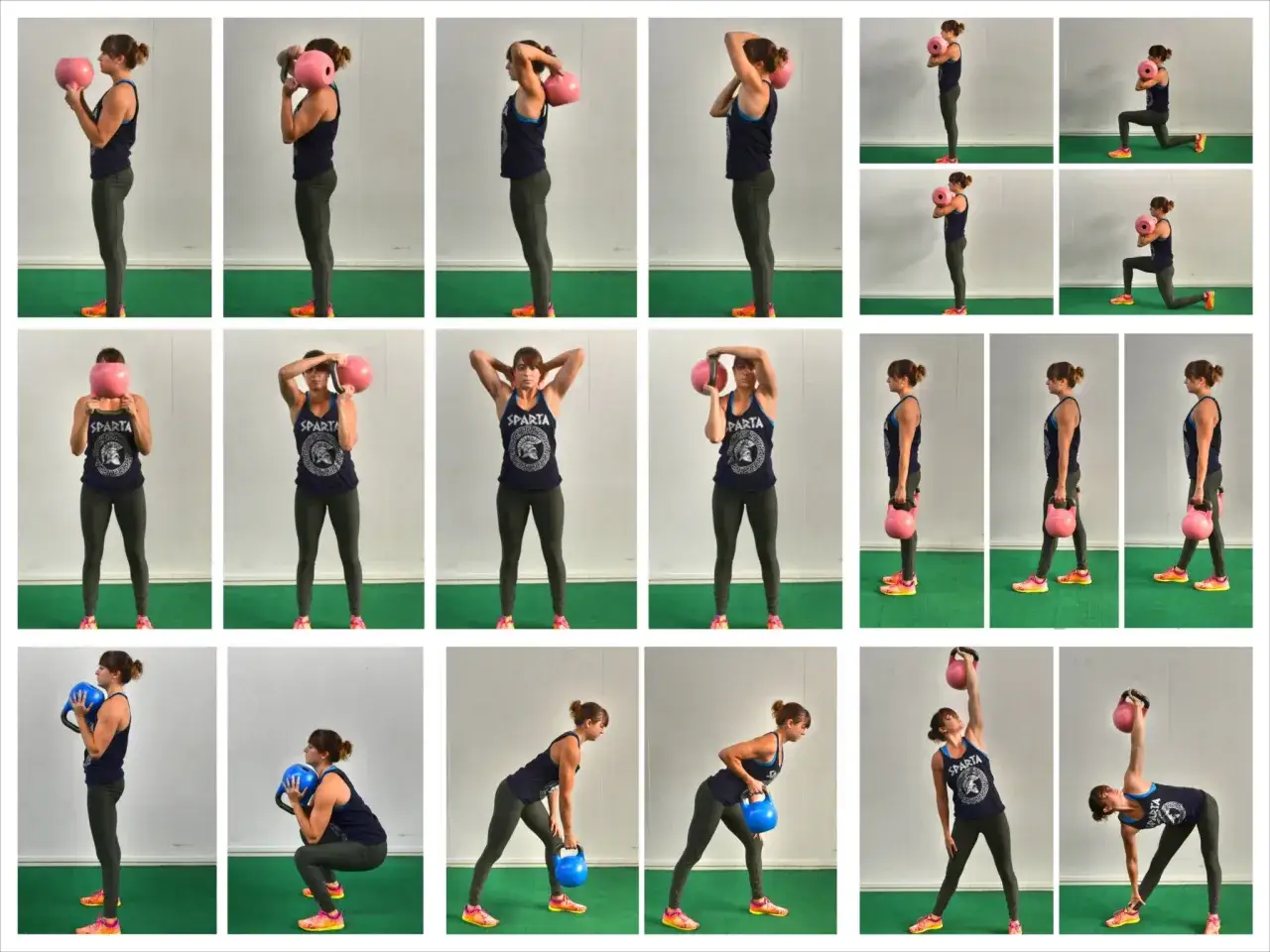 Kvinnor utf&ouml;r olika &ouml;vningar med kettlebells som en del av ett kettlebellprogram.