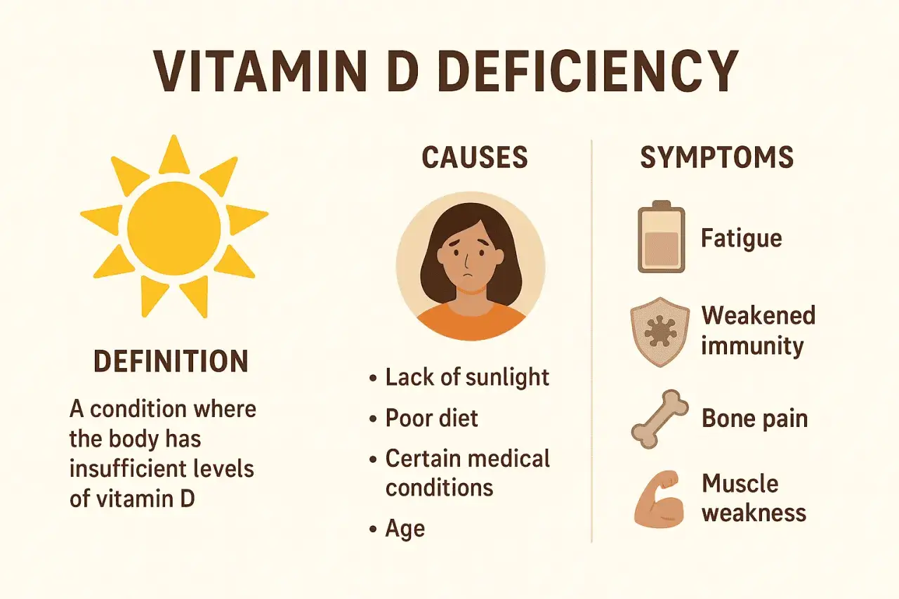 Illustration om vitamin D-brist. Symtom inkluderar tr&ouml;tthet, svagt immunf&ouml;rsvar, skelettsm&auml;rta och muskelsvaghet.