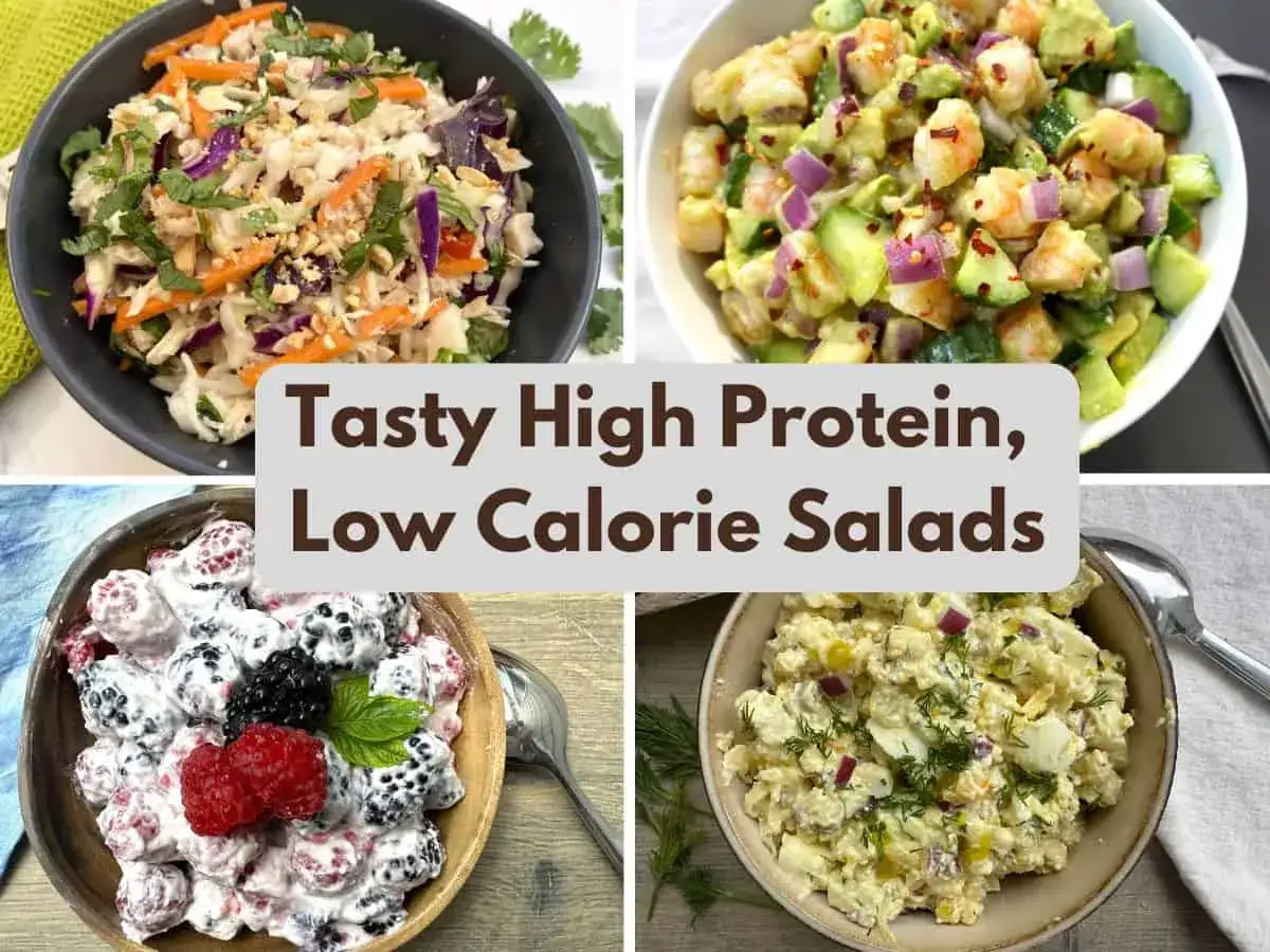 Fyra l&auml;ckra sallader: en med k&aring;l och n&ouml;tter, en r&auml;ksallad med avokado, en b&auml;rsallad och en &auml;ggsallad. Alla &auml;r mat med mycket protein och lite kalorier.