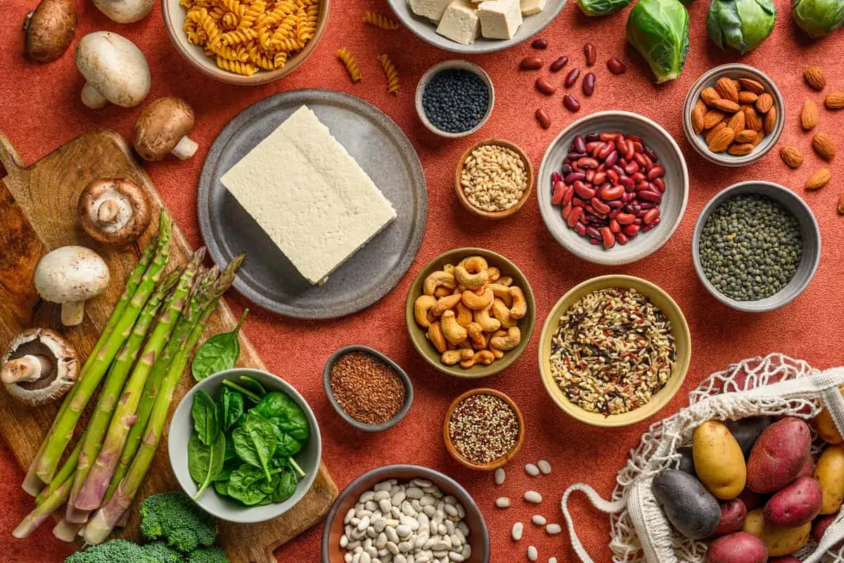 En f&auml;rgsprakande samling av vegetariskt protein: tofu, b&ouml;nor, linser, n&ouml;tter, fr&ouml;n, sparris och svamp.