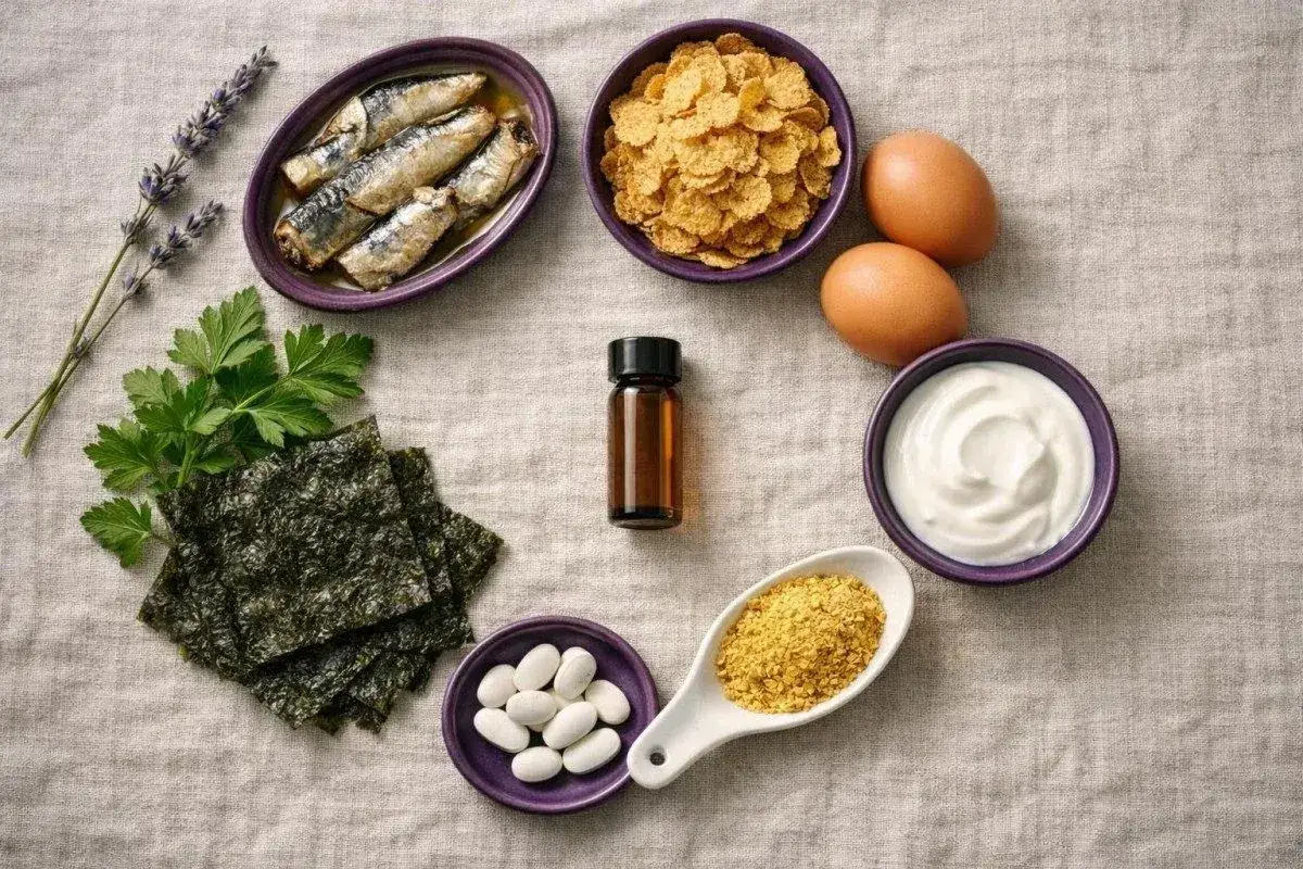 Matk&auml;llor f&ouml;r B12: sardiner, &auml;gg, yoghurt, flingor, nori, j&auml;stflingor och kapslar. Undvik b12-brist symtom.