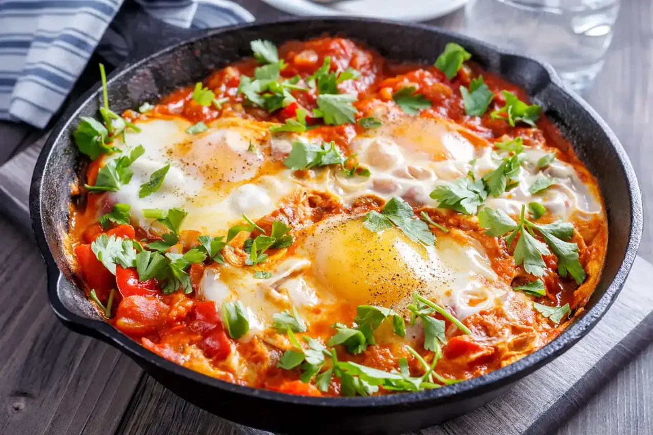 En smakrik medelhavskost frukost i en gjutj&auml;rnspanna med &auml;gg, tomats&aring;s och f&auml;rska &ouml;rter.