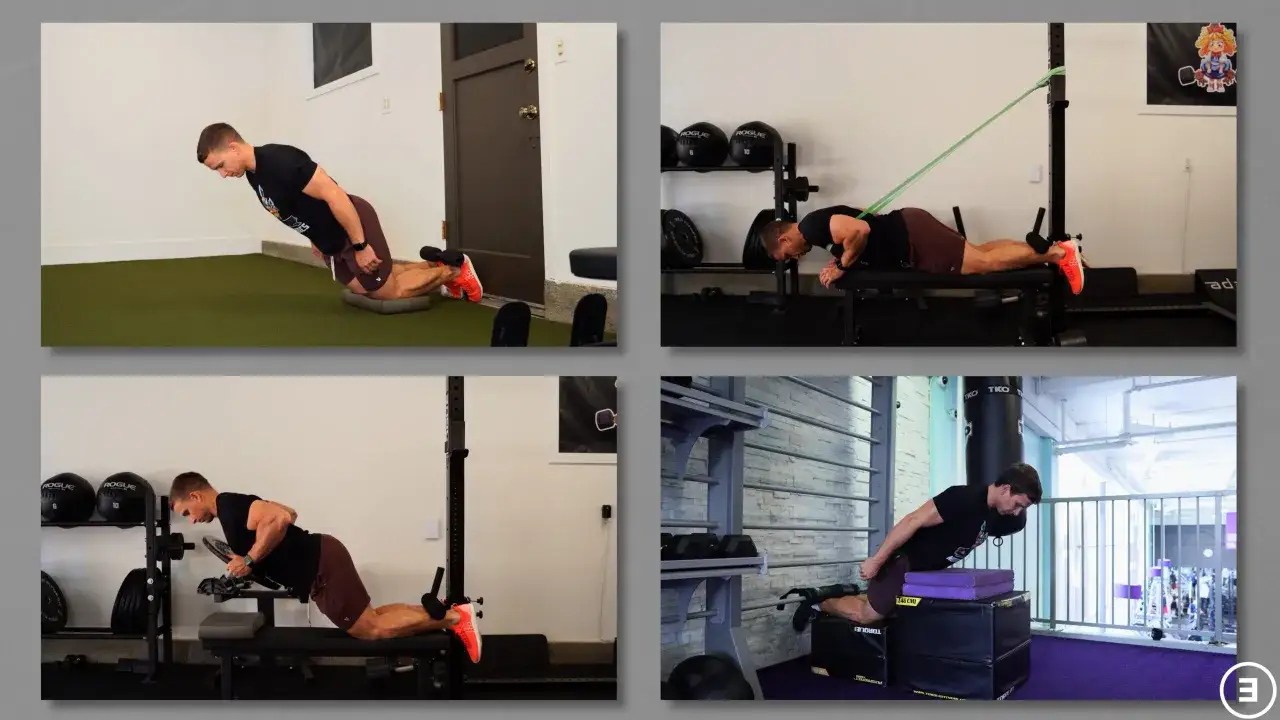 Man utf&ouml;r nordic hamstring curl med olika redskap: p&aring; golvet, med band, med vikt och p&aring; en box.