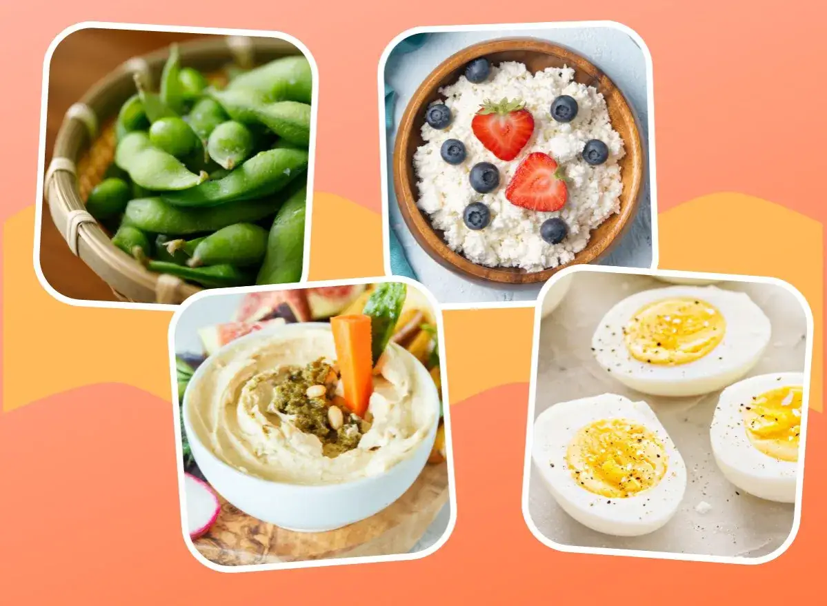 L&aring;gkalori snacks: edamame, keso med b&auml;r, hummus med gr&ouml;nsaker och kokta &auml;gg. Perfekt f&ouml;r en h&auml;lsosam paus.