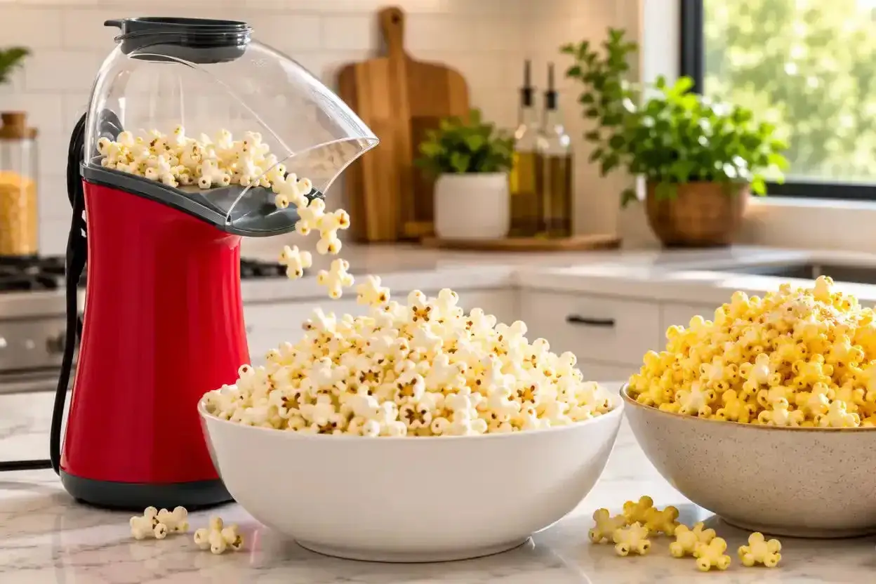 R&ouml;d popcornmaskin poppar popcorn utan fett. Nypoppade popcorn faller ner i en vit sk&aring;l, med en annan sk&aring;l fylld med popcorn i bakgrunden.