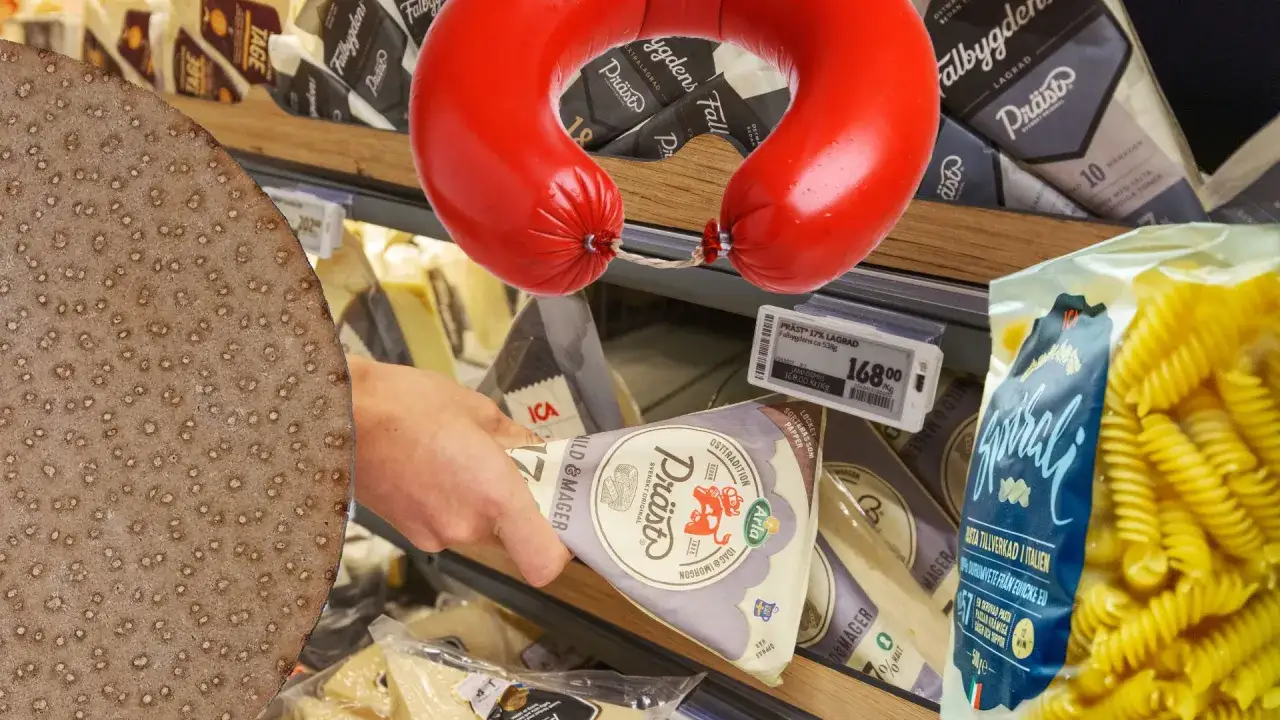 En r&ouml;d falukorv, en bit ost och pasta. En lista &ouml;ver processad mat som kan hittas i en matbutik.