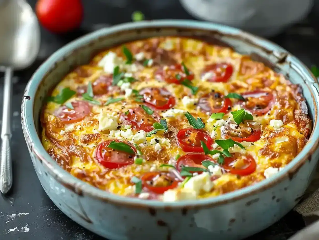 En gyllene omelett i airfryer, toppad med k&ouml;rsb&auml;rstomater, fetaost och f&auml;rska &ouml;rter. Perfekt f&ouml;r en snabb och smakrik m&aring;ltid.