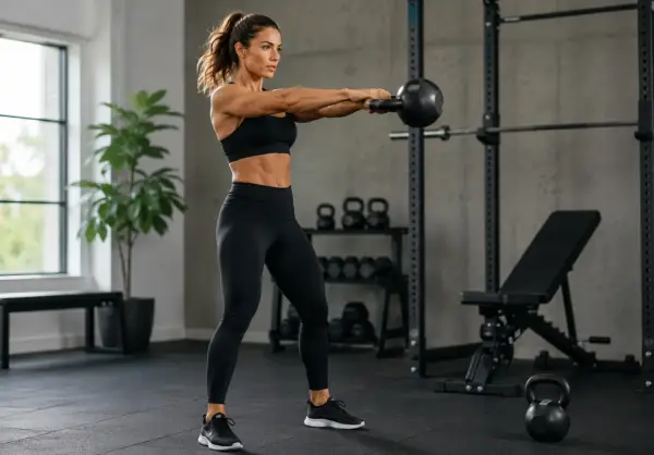 Kvinna utför en kettlebell swing som en del av sitt kettlebell program. Hon har en stark och tonad fysik.