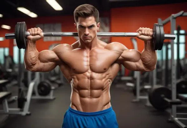 Muskulös man med imponerande snygga armar på 4 veckor lyfter skivstång i gym.